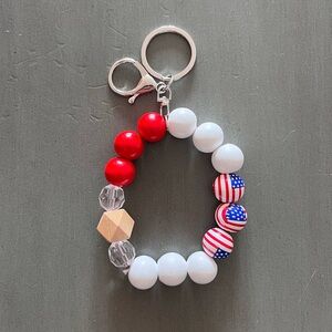 Red White Blue Wood Bead USA Flag Keychain Bag Purse Charm Stretch Bracelet